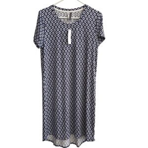 Jaclyn Intimates Womens Navy White Diamond Print Short Sleeve‎ Nightgown Dress M